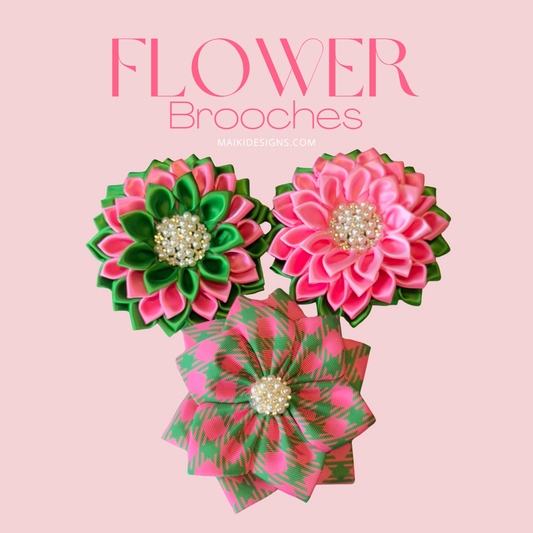 Pink and Green Silk Flower Brooch