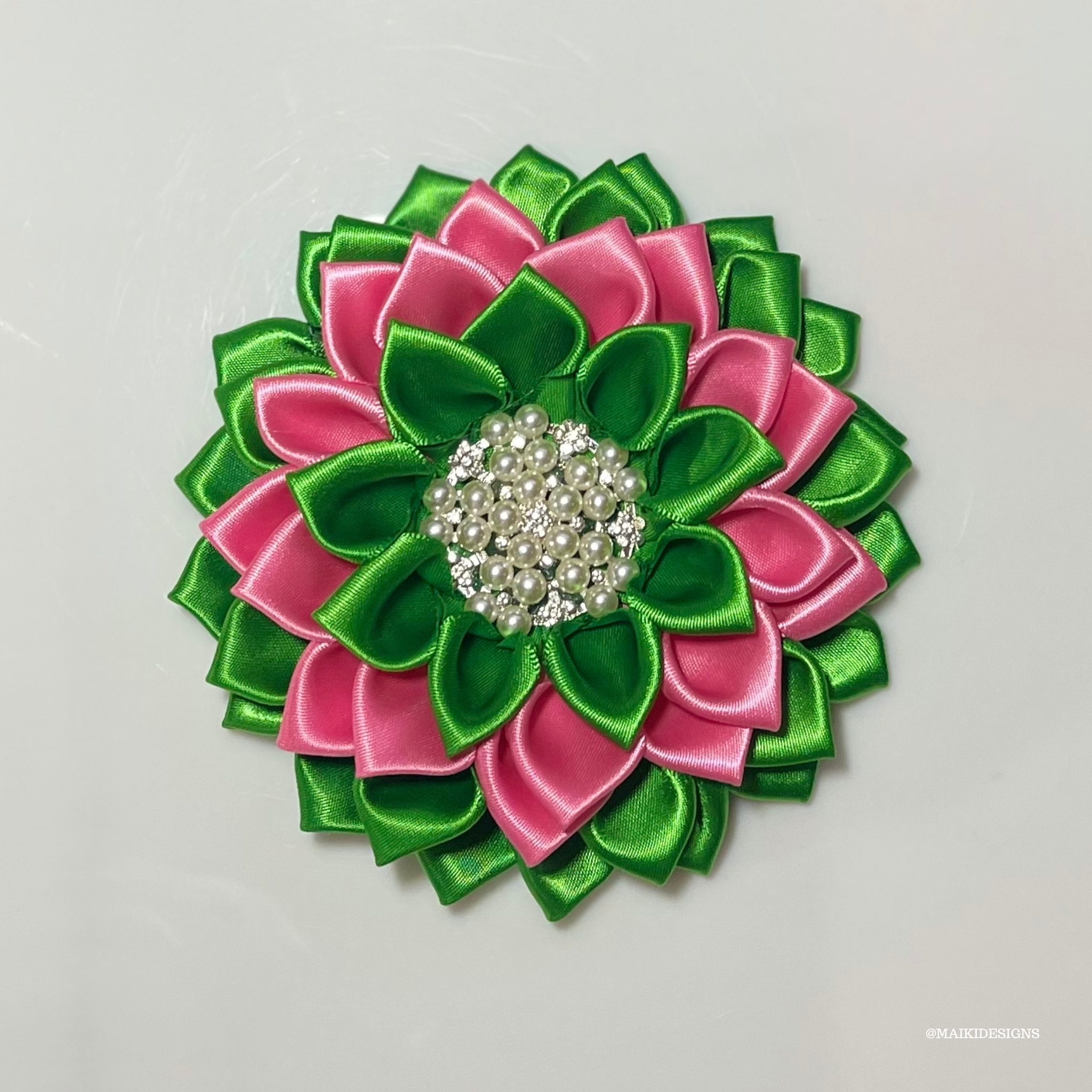 Pink and Green Silk Flower Brooch